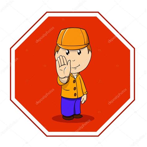 Cartoon Warning Sign Stop With Man In Orange — Stock Vector © Acidburn