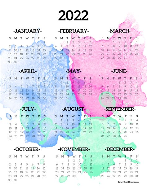 Calendar 2022 Printable One Page Paper Trail Design Free 2022