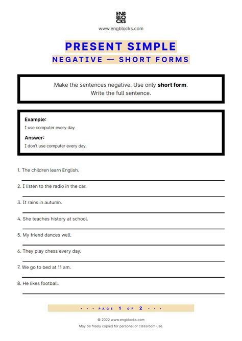 Present Simple Negative Exercise 1 Worksheet English Grammar