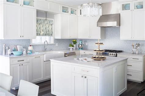 White Kitchen With Blue Mosaic Tile Backsplash Contemporary Kitchen