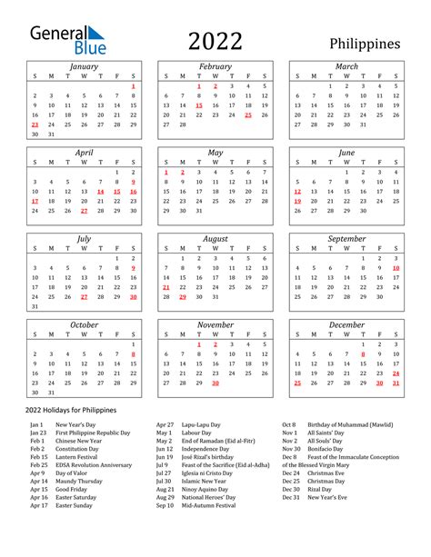 2022 Philippines Calendar Spreadsheet Template Free Printable Templates