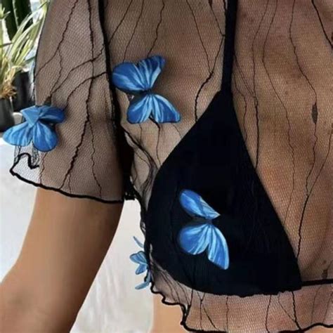 Buy 3pcs Set Women Swimwear Butterflies Mesh Three Piece See Through Sexy Split Bikini For