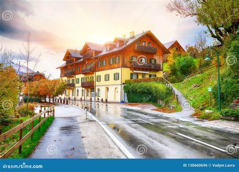 Beautiful Houses In Brauhof Village On The Lake Grundlsee Stock Photo