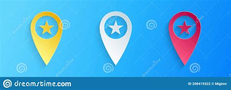 Puntero De Mapa De Recorte De Papel Con Icono De Estrella Aislado En Fondo Azul Icono De Mapa