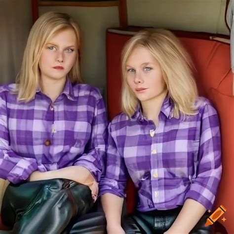 close up of relaxed blonde twins in purple plaid shirt and black leather trousers in old caravan