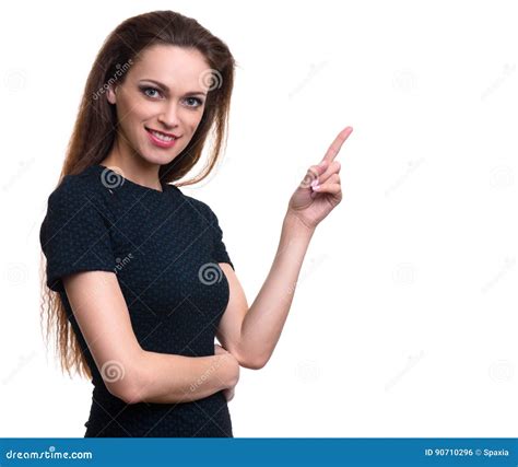 Beautiful Smiling Woman Pointing Finger To Copy Space Stock Photo