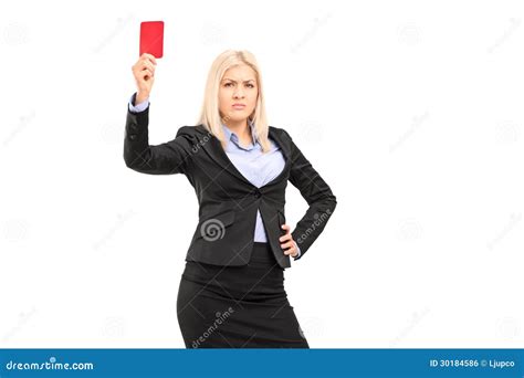 Angry Businesswoman Holding A Red Card Stock Photo Image Of Female