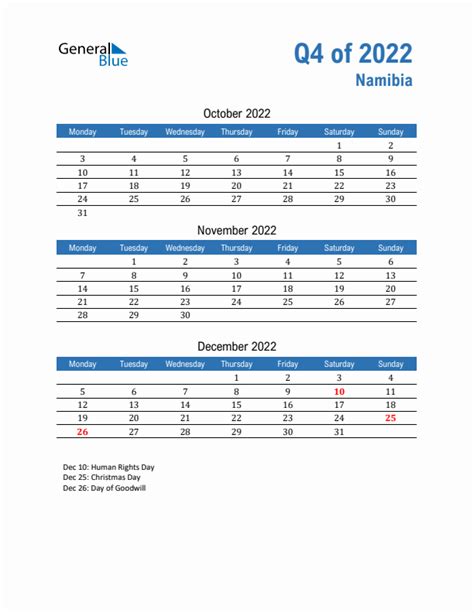 Three Month Calendar For Namibia Q4 Of 2022