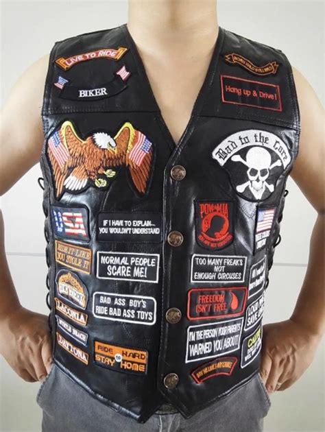 Mens Black Genuine Leather Motorcycle Vest W 42 Patches Us Flag Eagle