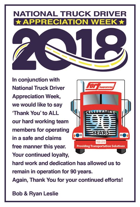 They're an integral member of our platform and our. 2018 National Driver Appreciation Week - Fort Transportation