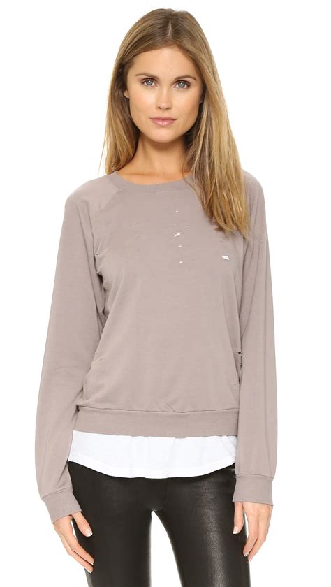 Lyst Monrow Distressed Double Layer Sweatshirt Fawn In Pink