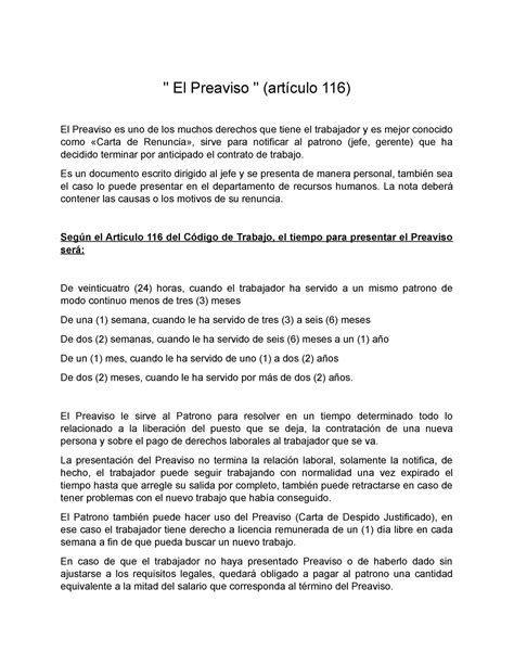 El Preaviso Y Vacaciones El Preaviso Artículo 116 El Preaviso