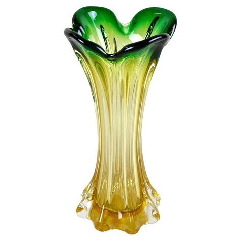 Murano Glass Vase Mid Century Green Yellow Italy Circa 196070 For
