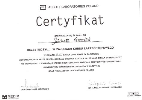 Certyfikaty Dyplomy Zaświadczenia Urolog Lek Med Janusz Grzelak