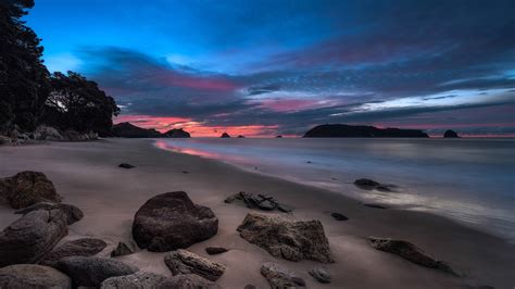 Wallpaper Sunset Ocean Horizon Beach Rocks Resolution2048x1152