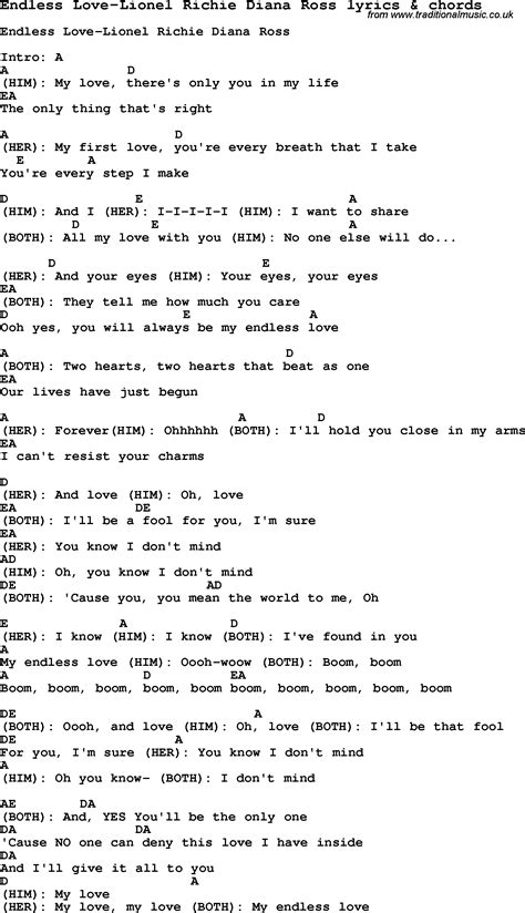 Love Song Lyrics For Endless Love Lionel Richie Diana Ross With Chords