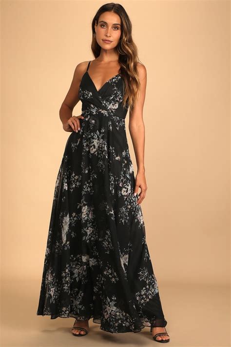 Black Floral Print Dress Sleeveless Maxi Dress Chiffon Dress Lulus