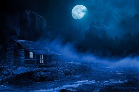 Full Moon Over Lakeside Cabin At Night Hd Wallpaper Background Image