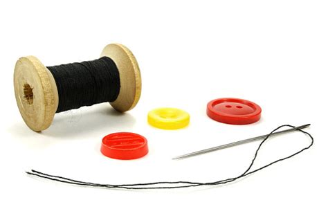 Wooden Coil With Threads Needle And Color Buttons For Sewing Stock