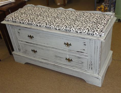 Hand Painted And Distressed Cedar Chest With Newly Upholstered Top At