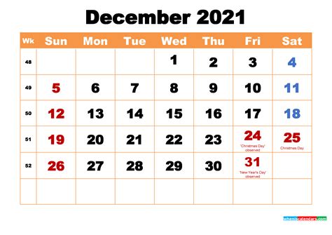 December 2021 Printable Monthly Calendar With Holidays