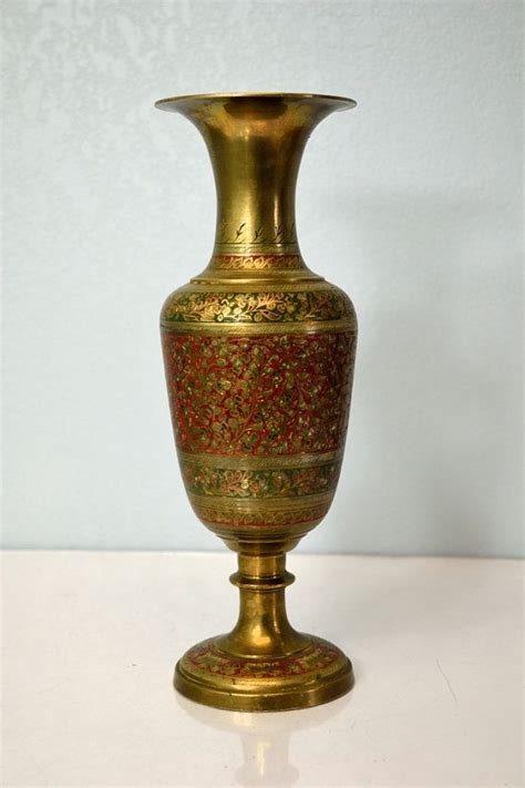 Vintage Brass Vase From India Etched Flowers Red And Green Enamel Floral Pattern Brass Vase