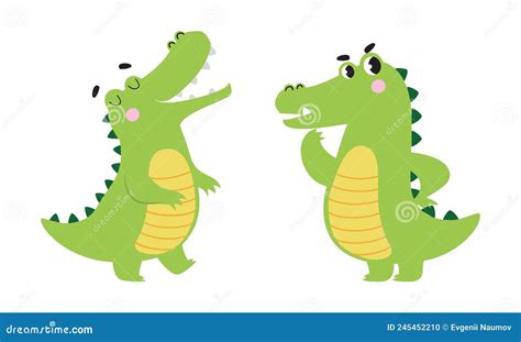 Cute Friendly Green Crocodiles Set Lovely Curious Baby Alligators