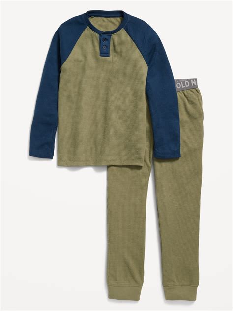 Thermal Knit Raglan Sleeve Henley Pajama Set For Boys Old Navy