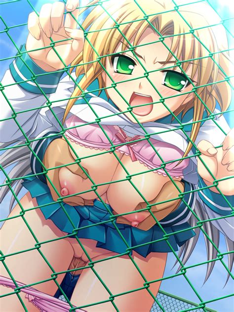 Rule 34 Asagiri Yuka Blonde Hair Blush Breast Grab Breasts Female Fence Game Cg Green Eyes