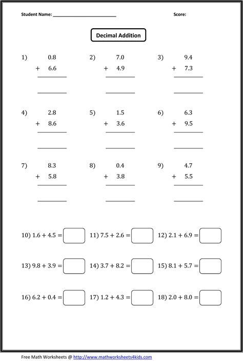 Add Subtract Whole Numbers Decimals Worksheets
