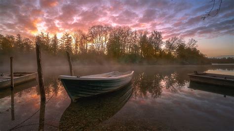 Free Download Boat Reflection Sky Water Mist Dawn River Rowing