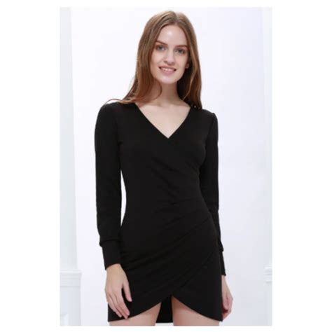 solid color v neck long sleeves club sexy style cotton blend dress for women black solid