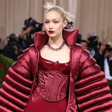 gigi hadid wore a latex catsuit under a giant parka at the met gala popsugar australia