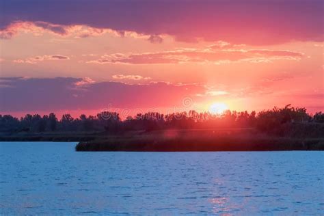 Sunset Scene Over Lake Water Surface Sunset Stock Image Image Of