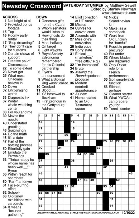 Newsday Crossword Puzzle For Dec 10 2022 By Stanley Newman Creators