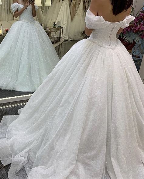 Glitter Tulle Wedding Dress Princess Ball Gown Off Shoulder Alinanova