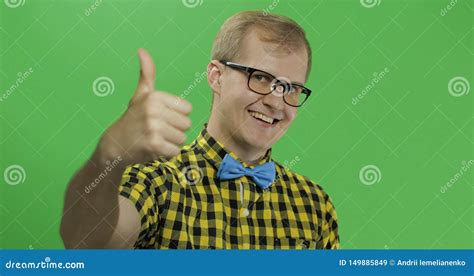 Caucasian Fashionable Man Show Thumbs Up Guy In Yellow Shirt Stock