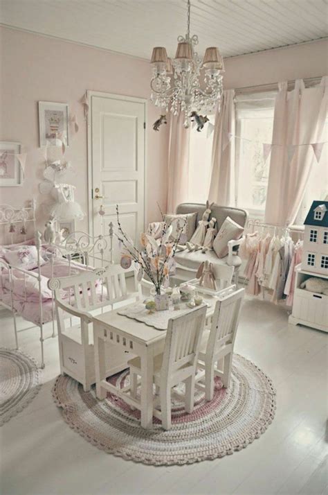 Little Girl Bedroom With Shabby Chic Wall Colors And Chandelier