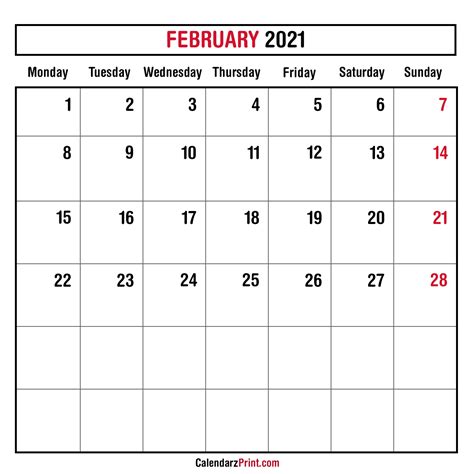 February 2021 Calendar Printable Monday Start March 2021 Calendar