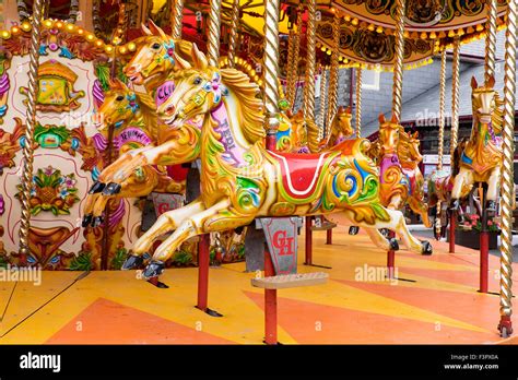 Vintage Carousel Horses On A Vintage Carousel At Porthmadog Wales