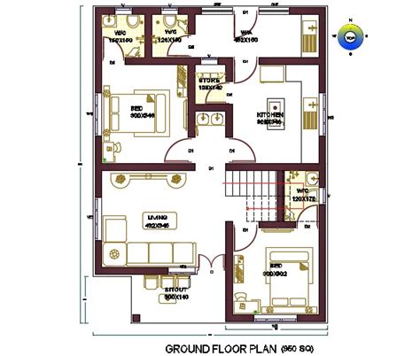 950 Sq Ft House Plan East Facing Direction Autocad File Cadbull