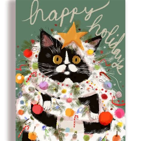 Cat Christmas Cards Holiday Card Set Cats Cat Stationery Etsy