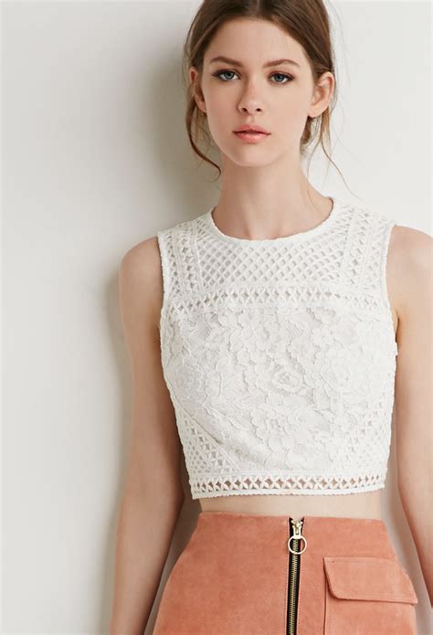 Forever 21 Mesh Paneled Lace Crop Top In White Lyst