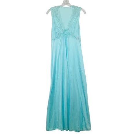 Vtg Van Raalte Womens Long Nightgown Size M Sheer Aqua Lace Lingerie