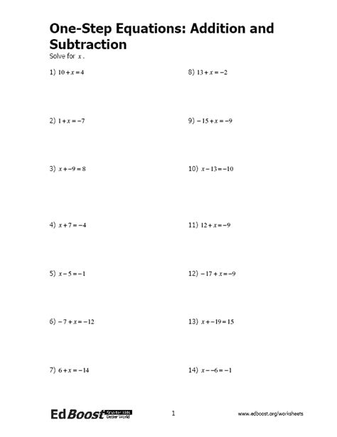 One Step Equations Addition And Subtraction Worksheet