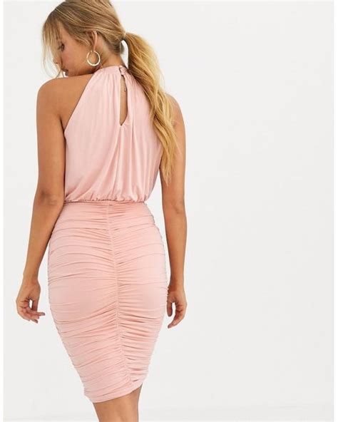 Lipsy Synthetic Slinky Halter Neck Dress In Pink Lyst