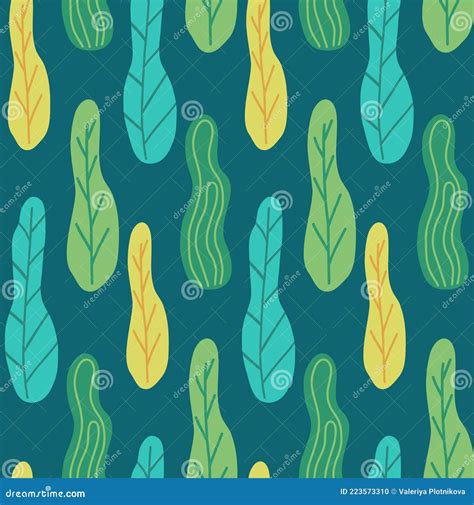 Seamless Pattern With Abstract Leaves With Doodle Pattern On A Green