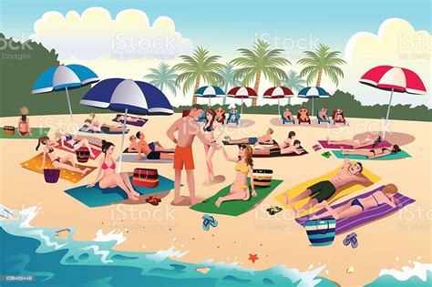 People Sunbathing On The Beach Stock Illustration Download Image Now