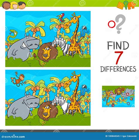Spot The Differences Game With Safari Animals Stock Vector