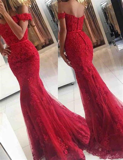 Mermaid Off The Shoulder Sweep Train Red Prom Dress With Sash Lace In 2020 Red Prom Dress Red